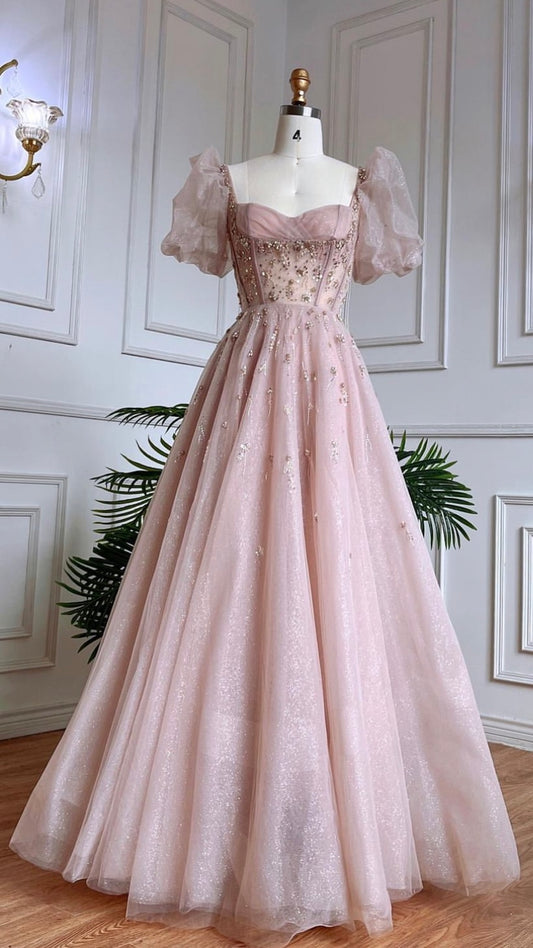 Pink Luxury Up Short Sleeves Evening Dress Gowns