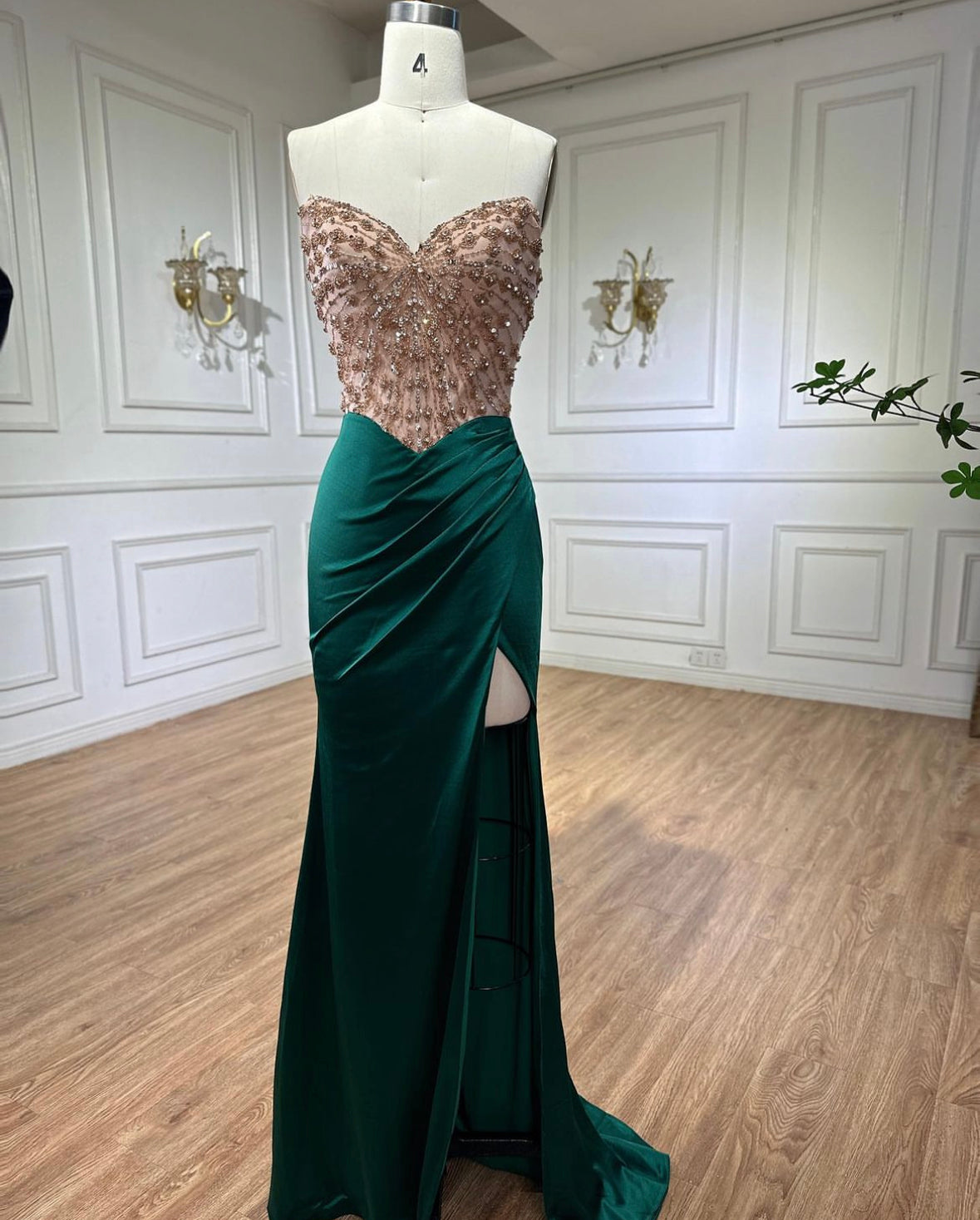 Elegant High Split Satin Strapless Gowns Beaded dress