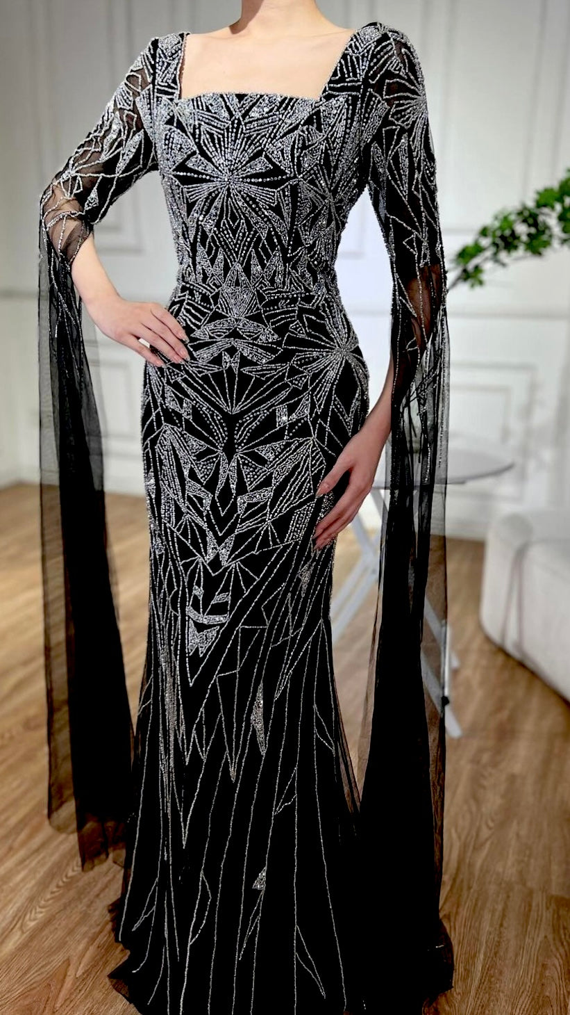 Black Dress Embroidery Silver