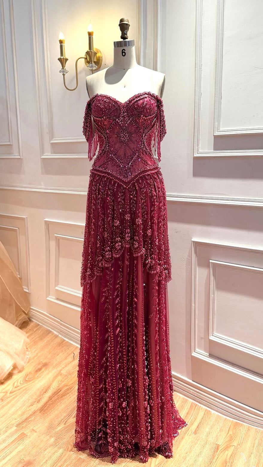 Burgundy Fully Beaded Off-The-Shoulder Gown with Fringe Detail