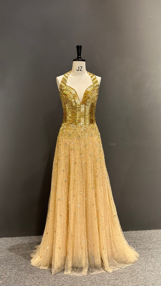 Hand-Embroidered Gold Halter Tulle Couture Gown