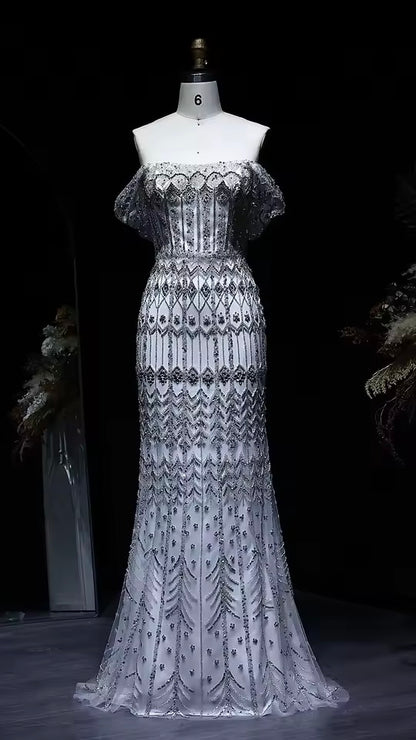 Crystal Glow” Gown – Off-shoulder embellished evening dress, available in two sleeve styles
