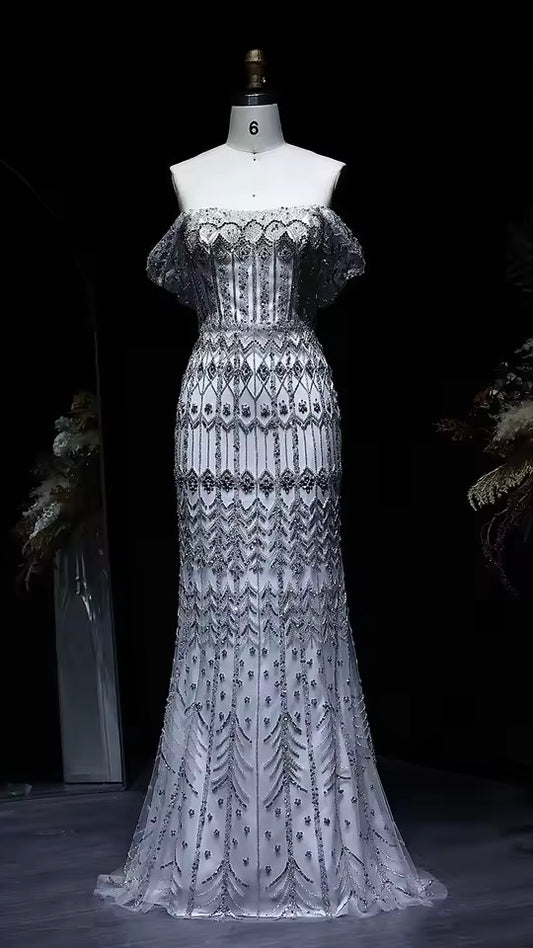 Crystal Glow” Gown – Off-shoulder embellished evening dress, available in two sleeve styles