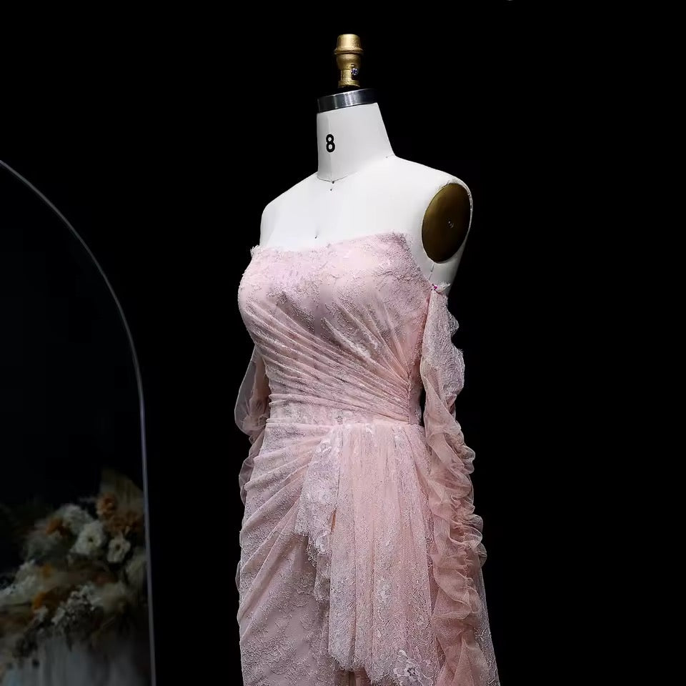 “Blush Orchid” Gown with Flowy Gloves and Draped Lace Detail
