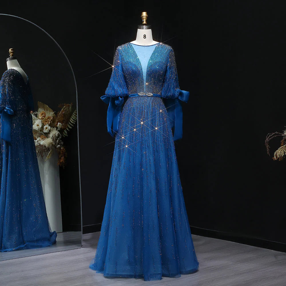 “Lumière Grace” Gown with Draped Sleeves and Vertical Crystal Beading