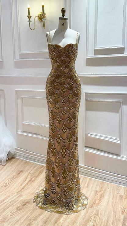 Glamorous Gold Crystal Shell Gown