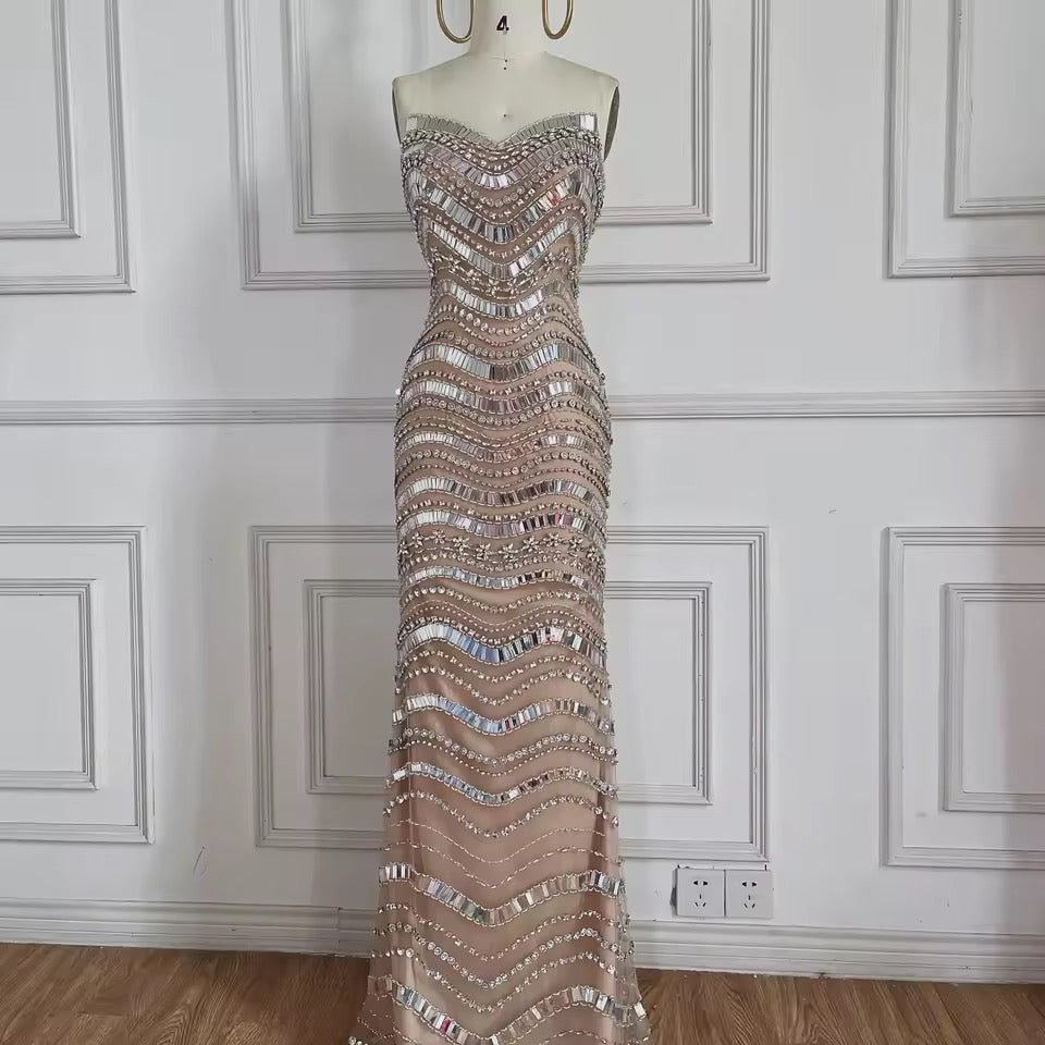 Off-The-Shoulder Evening Gown with Beaded Crystal Cape
