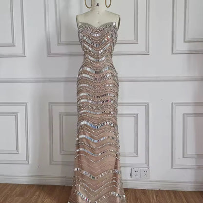 Off-The-Shoulder Evening Gown with Beaded Crystal Cape
