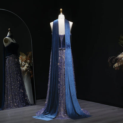 Gown with Velvet Corset & Flowing Scarf Drape