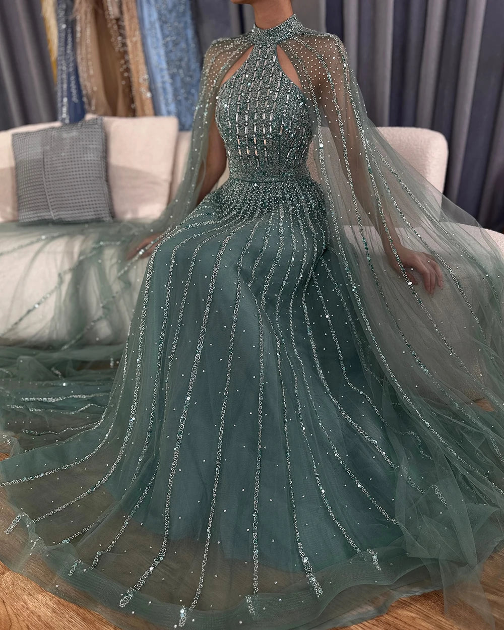 Mermaid Elegant Cape Sleeves Beaded Luxury Evening Dress