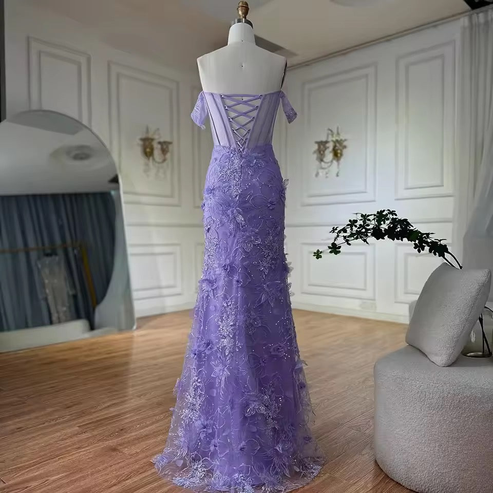 “Amethyst Bloom” Off-Shoulder Embellished Evening Gown with Side Slit