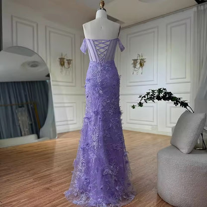 “Amethyst Bloom” Off-Shoulder Embellished Evening Gown with Side Slit