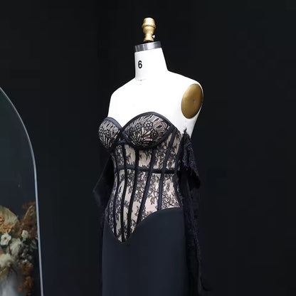 Corset Gown with Sheer Bodice and Draped Lace Gloves