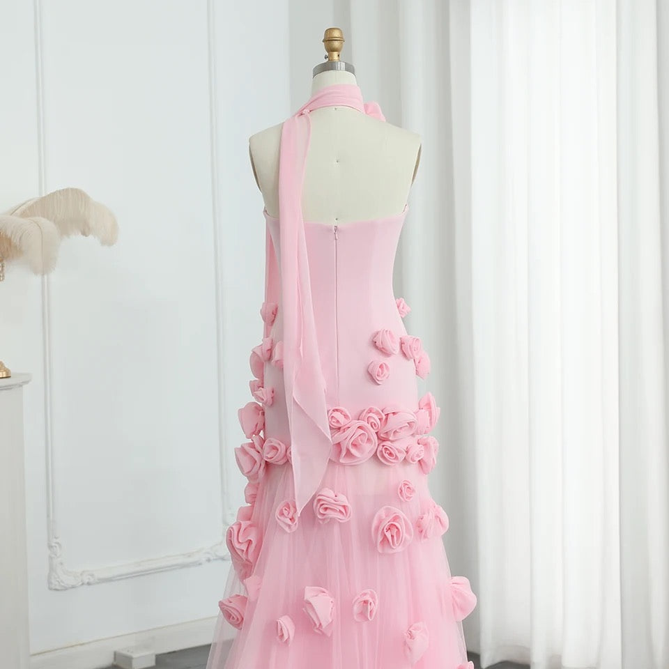 Baby Pink 3D Flowers Evening Dress