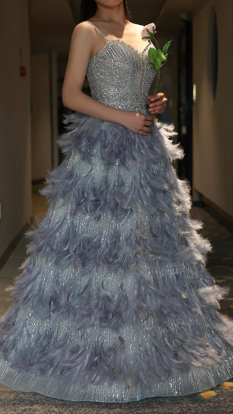 Luxury Silver Gray Crystal Feathers Evening Dress