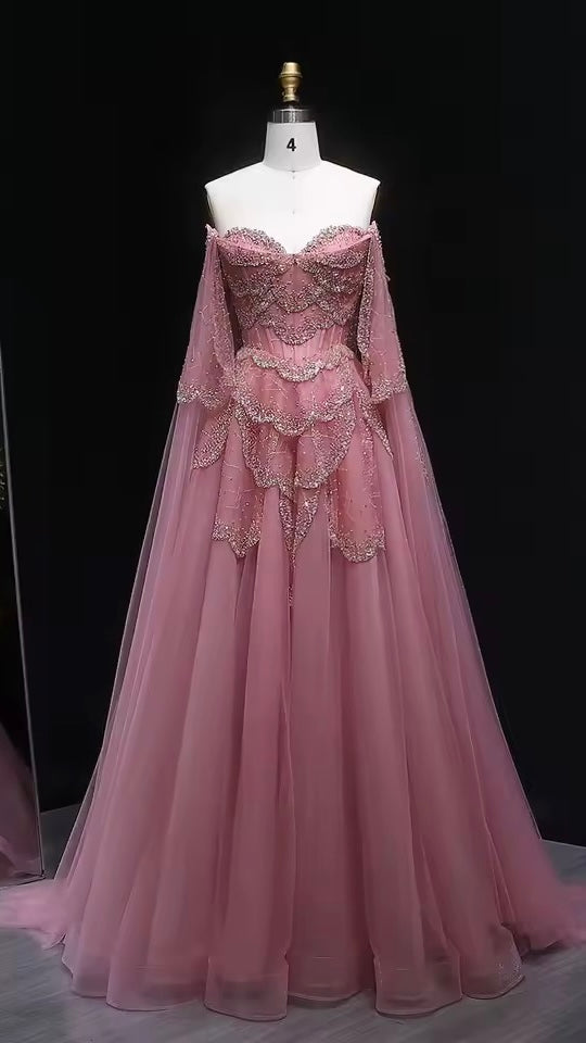 ‏Luxury Sage Green Off-Shoulder Evening Gown with Cape Sleeves
