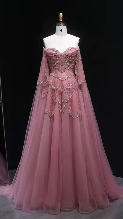 ‏Luxury Sage Green Off-Shoulder Evening Gown with Cape Sleeves
