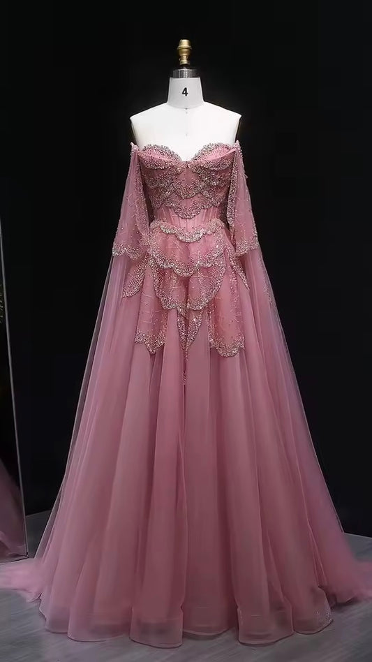 ‏Luxury Sage Green Off-Shoulder Evening Gown with Cape Sleeves