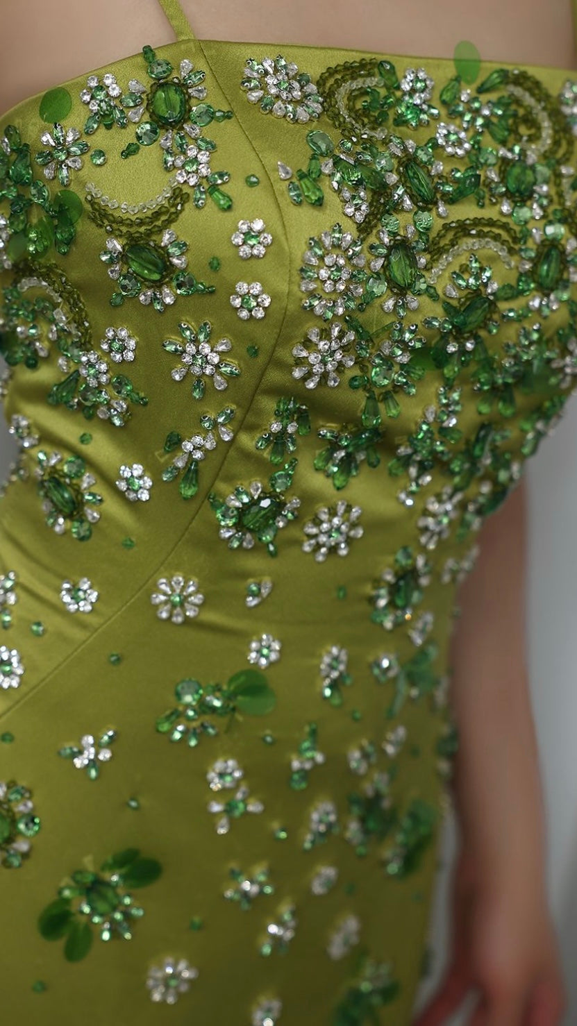 Luxury 3D Floral Beaded Short Green Evening Dress with Spaghetti Straps Sheath Midi