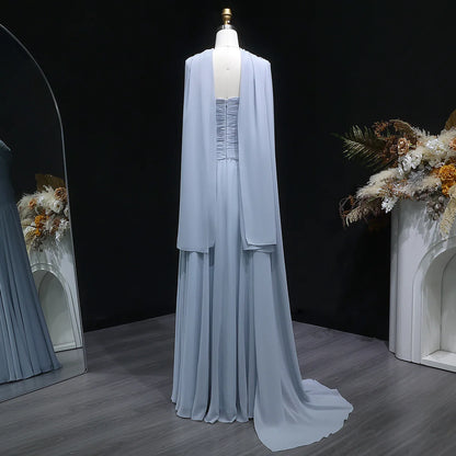 Dusty Blue One-Shoulder Chiffon Gown with Ruched Bodice & Crystal Brooch