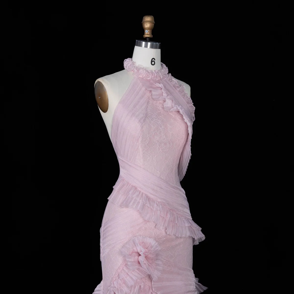Blush Pink Halter Gown with Pleated Ruffled Cascades & Lace
