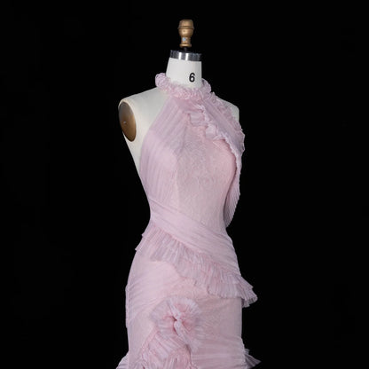 Blush Pink Halter Gown with Pleated Ruffled Cascades & Lace