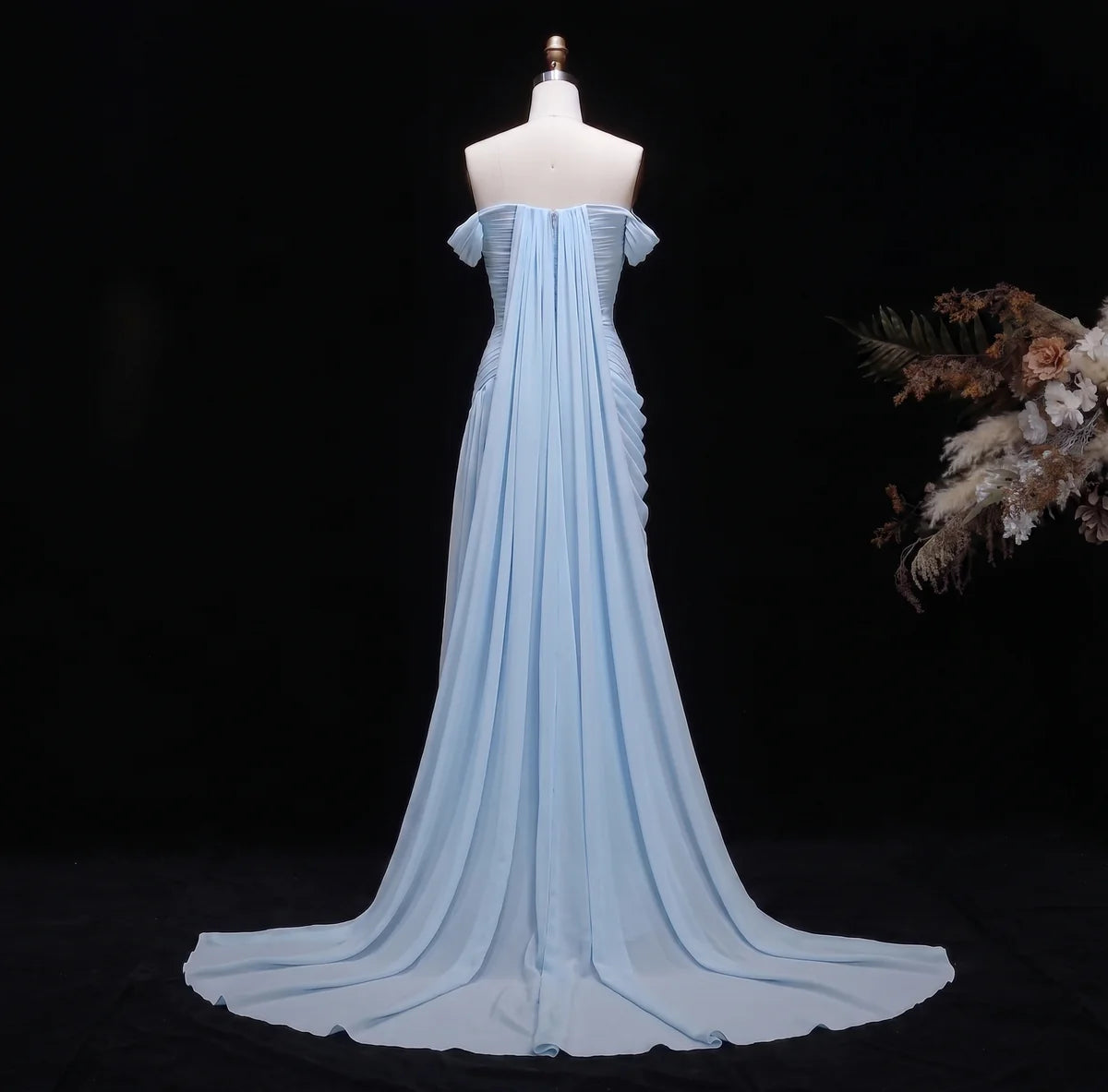 Coral Pink Off-the-Shoulder Chiffon Gown with Cascading Draping & Train