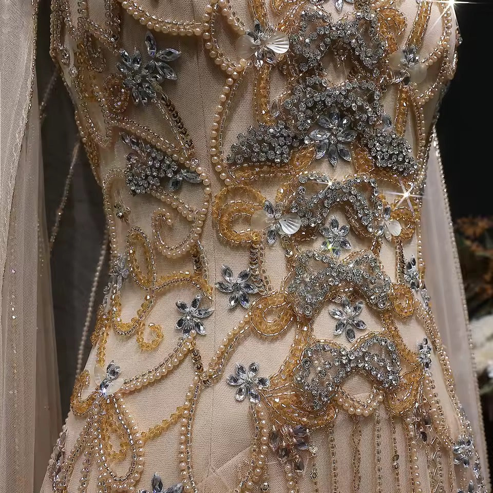 Luxury Champagne Crystal Evening Gown with Sheer Cape