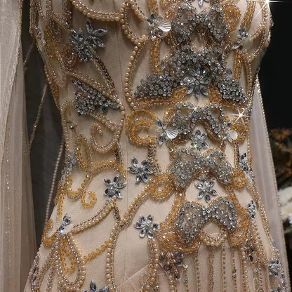 Luxury Champagne Crystal Evening Gown with Sheer Cape