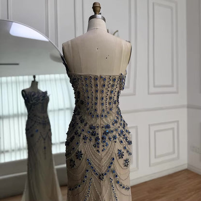 Luxury Gown with Royal Blue Crystal Embroidery
