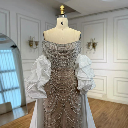 “Pearl Symphony” Luxury Crystal Gown with Flowing White Drape