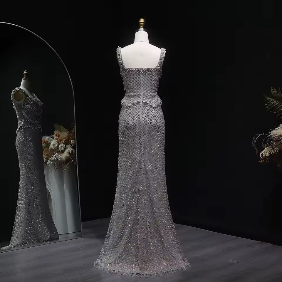 Luxury Beaded Crystal Long Straight Evening Dress