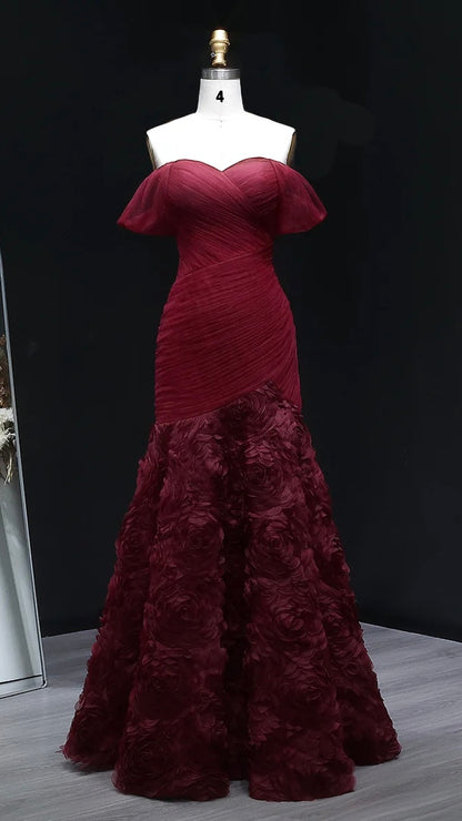 Burgundy Off-the-Shoulder Evening Gown with Ruched Bodice & 3D Rosettes