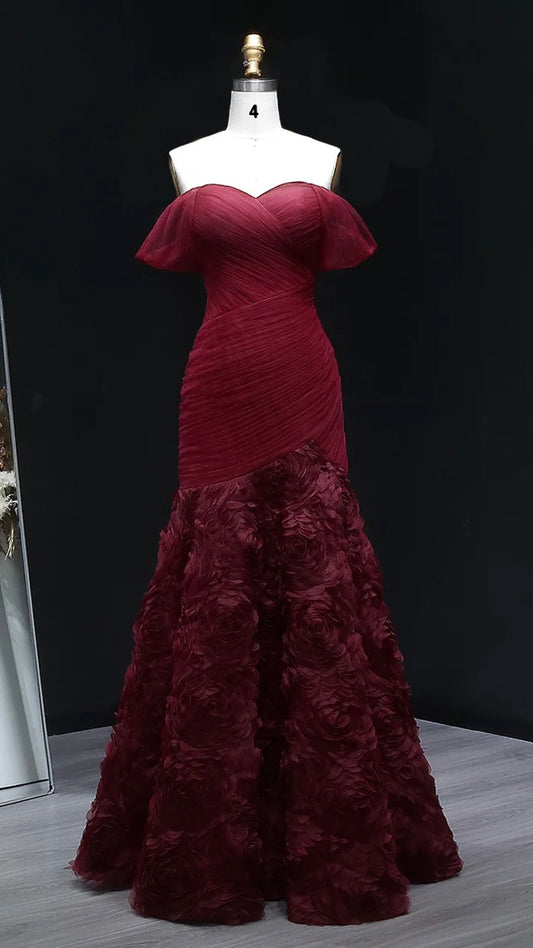 Burgundy Off-the-Shoulder Evening Gown with Ruched Bodice & 3D Rosettes