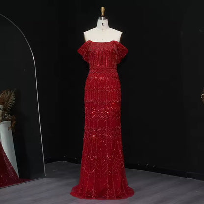 Crystal Glow” Gown – Off-shoulder embellished evening dress, available in two sleeve styles