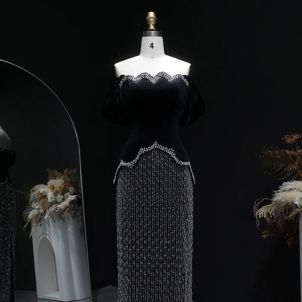 Black Velvet Pearl-Embellished Evening Gown