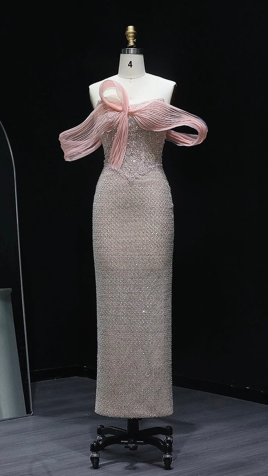 Luxury Off Shoulder Blush Pink Chic Evening Dress