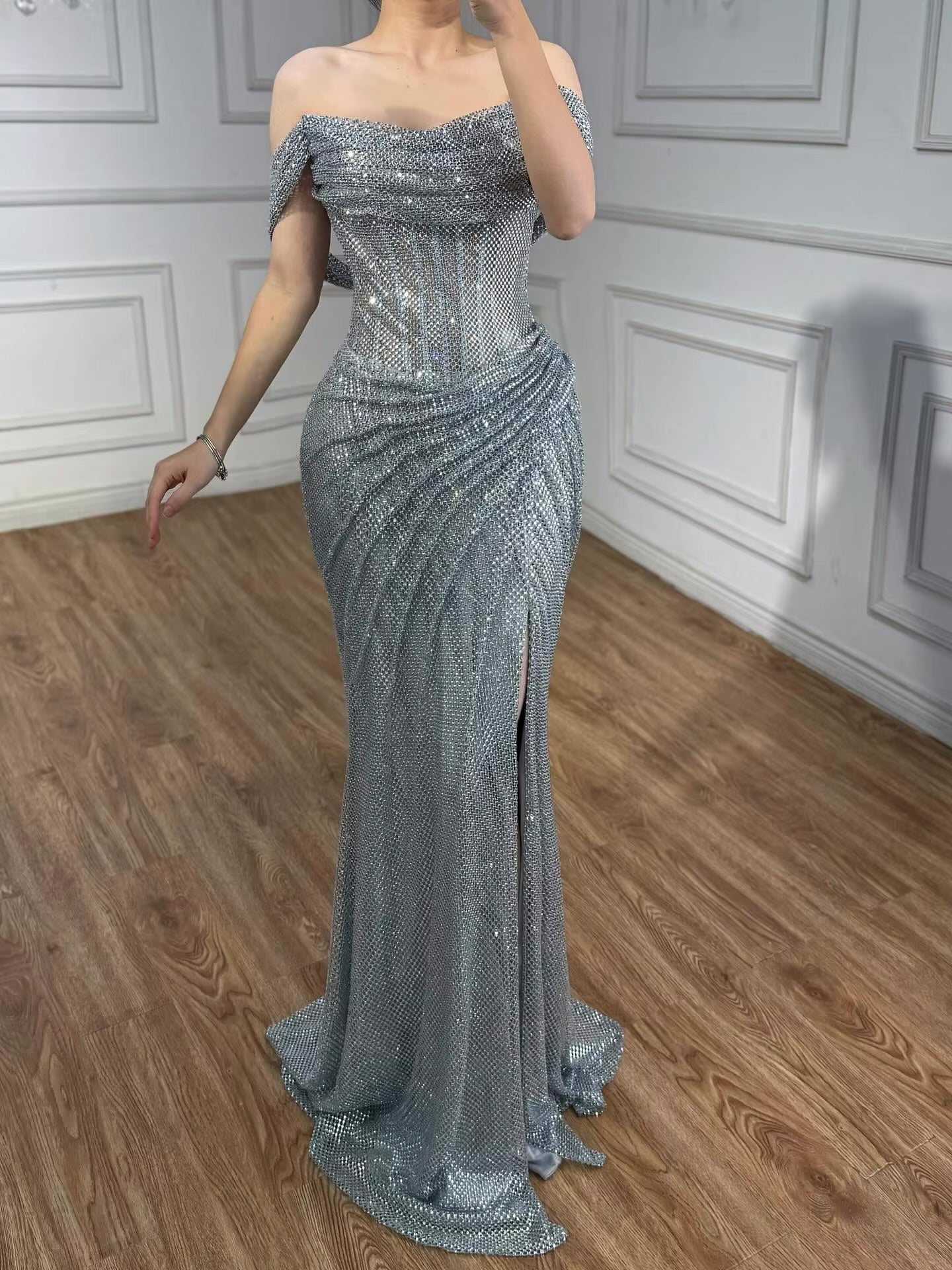 Silver Diamond Off-Shoulder Mermaid Dress