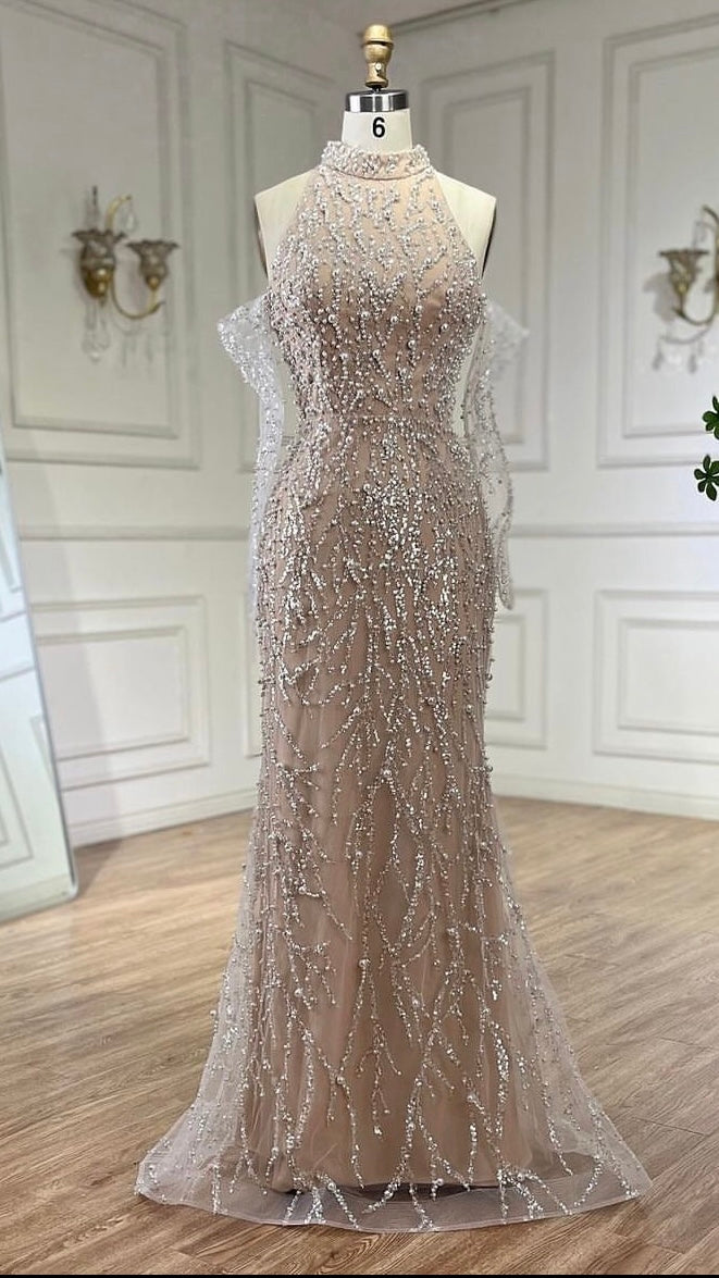 Luxury Pearls Beaded Evening Dress White Nude