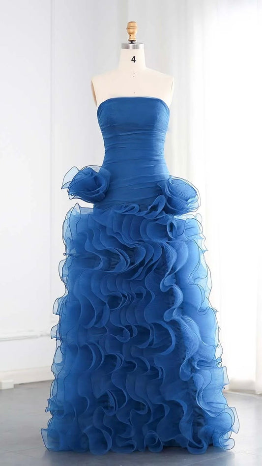 Blue Strapless Princess Evening Dress with Ruffles