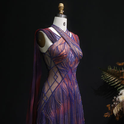 “Sunset Glow” Gown Hand Embroidered Luxury Dress in Violet & Fire Tones with Flowing Cape