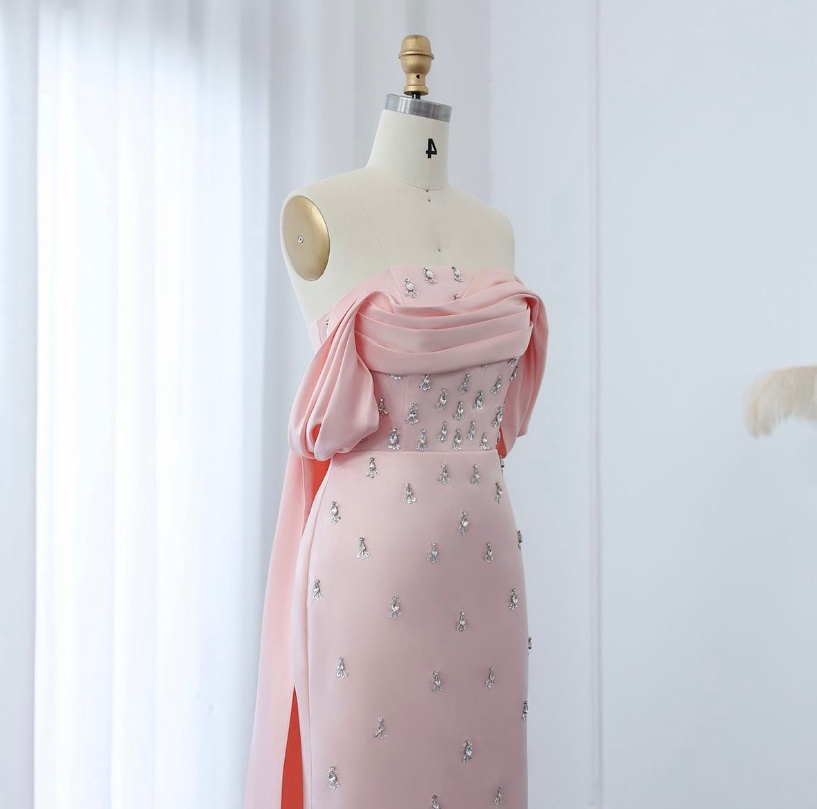 Luxury Baby Pink Off Shoulder Evening Dress