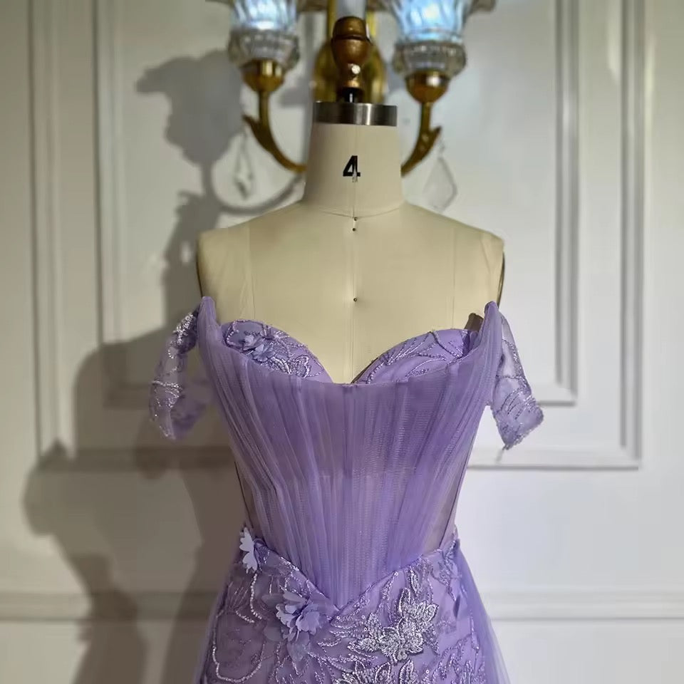 “Amethyst Bloom” Off-Shoulder Embellished Evening Gown with Side Slit