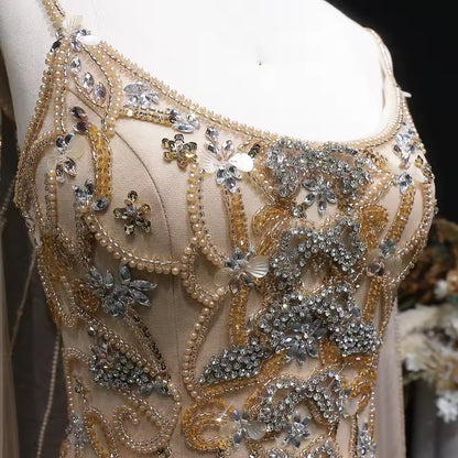 Luxury Champagne Crystal Evening Gown with Sheer Cape