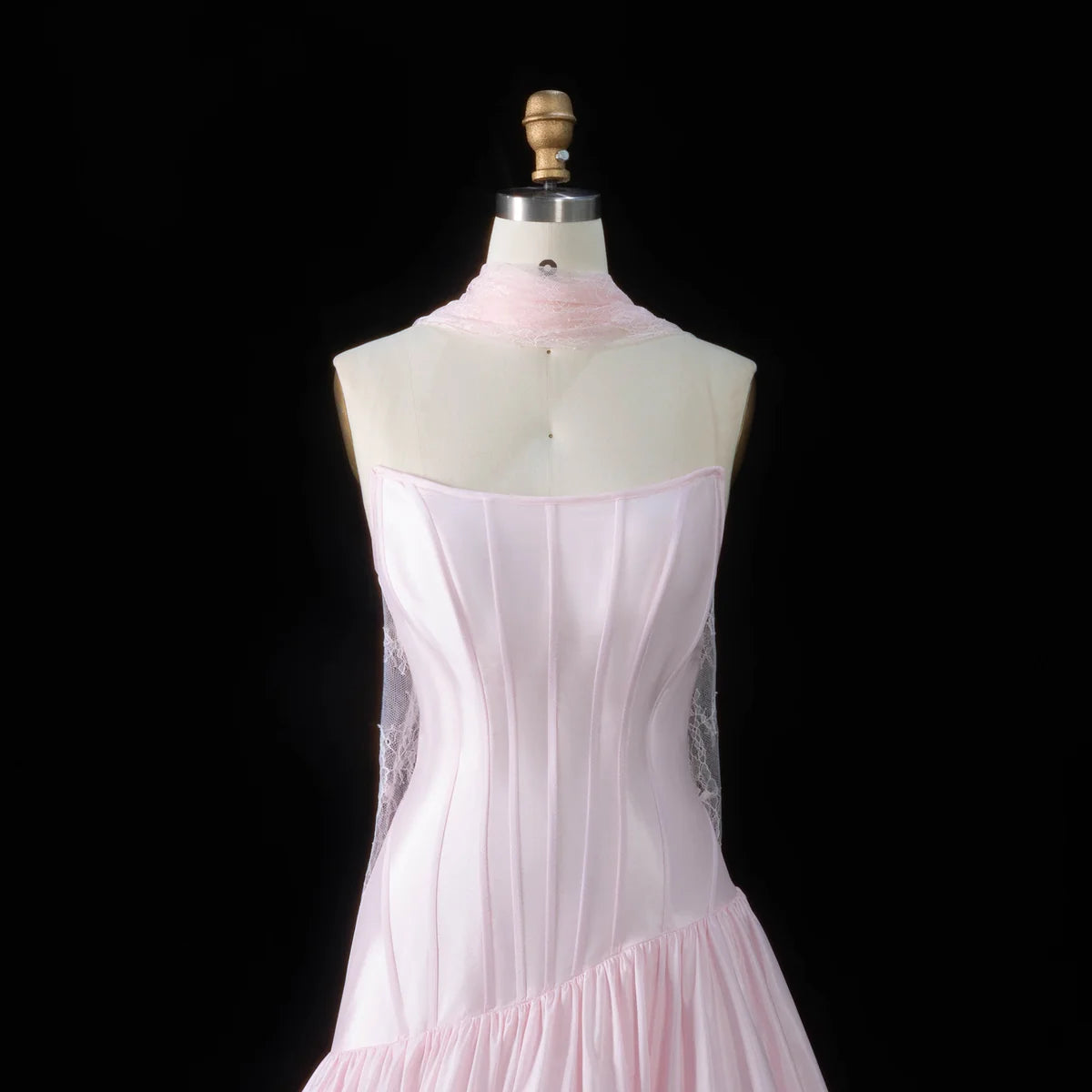 Baby Pink Corset Ball Gown with Asymmetrical Waist & Lace Scarf