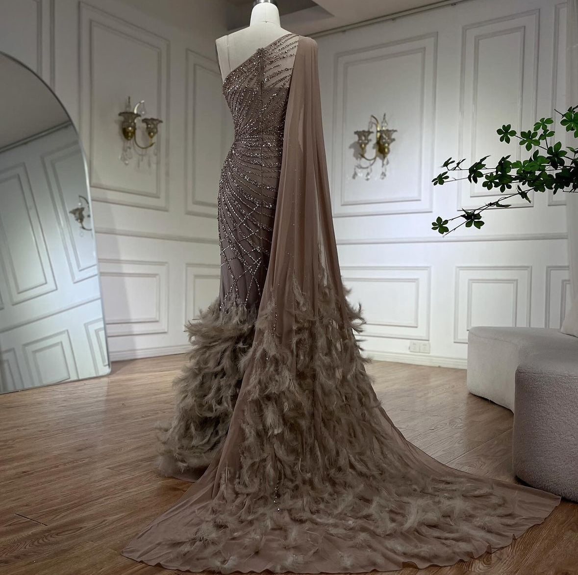 Luxury Feather One Shoulder Evening Dress