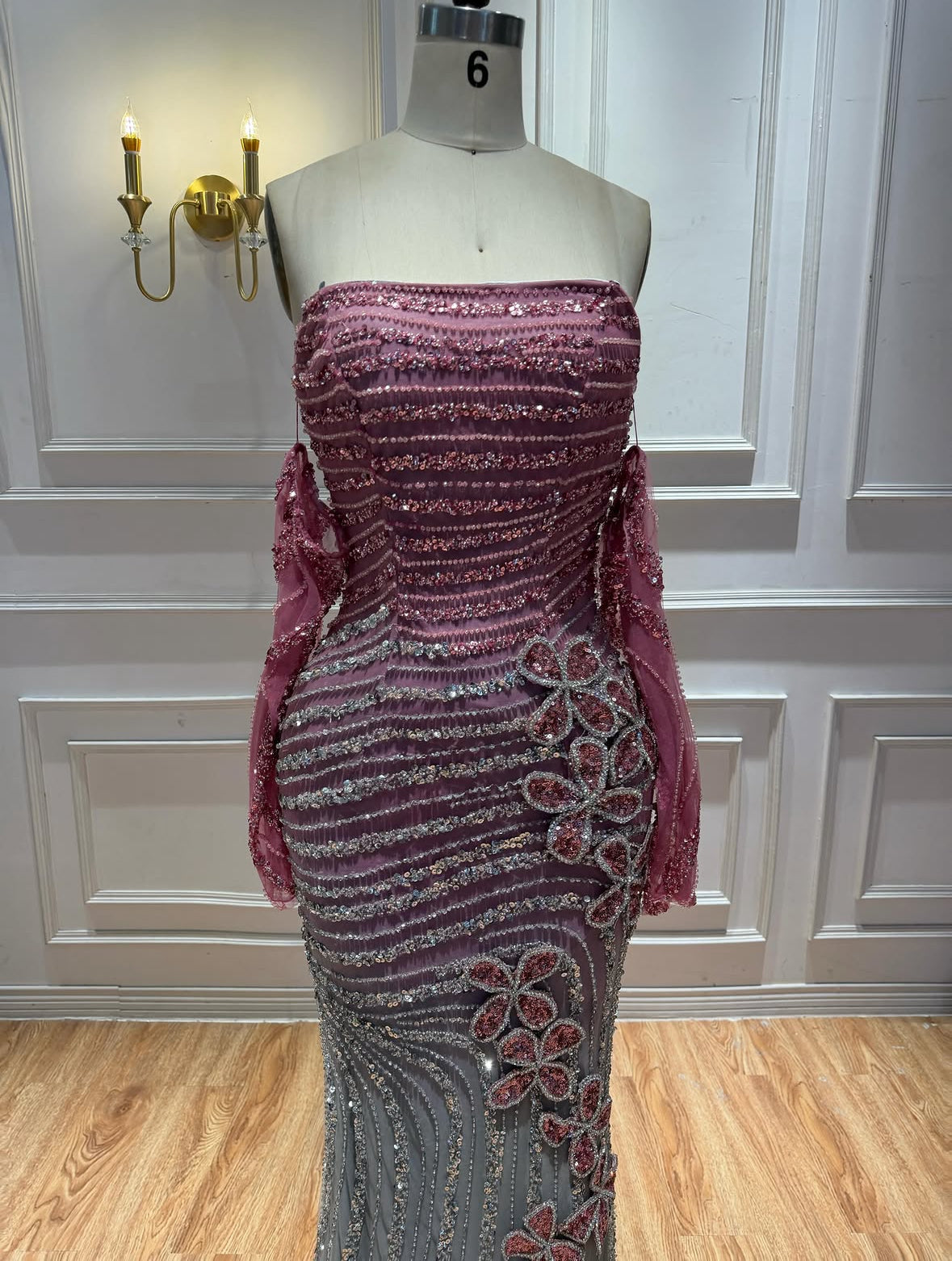 Two-Tone Crystal Strapless Gown with 3D Floral Appliqué