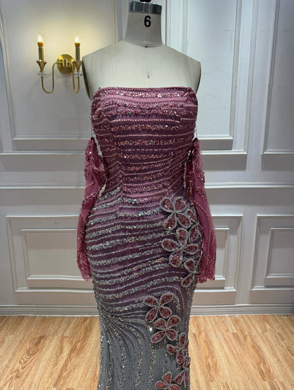 Two-Tone Crystal Strapless Gown with 3D Floral Appliqué