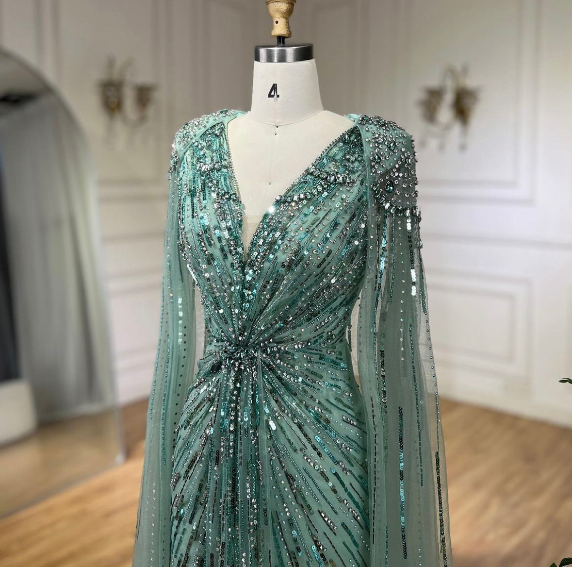 Turquoise Evening Dress Gowns 2024 with Beaded Cape Sleeves Design