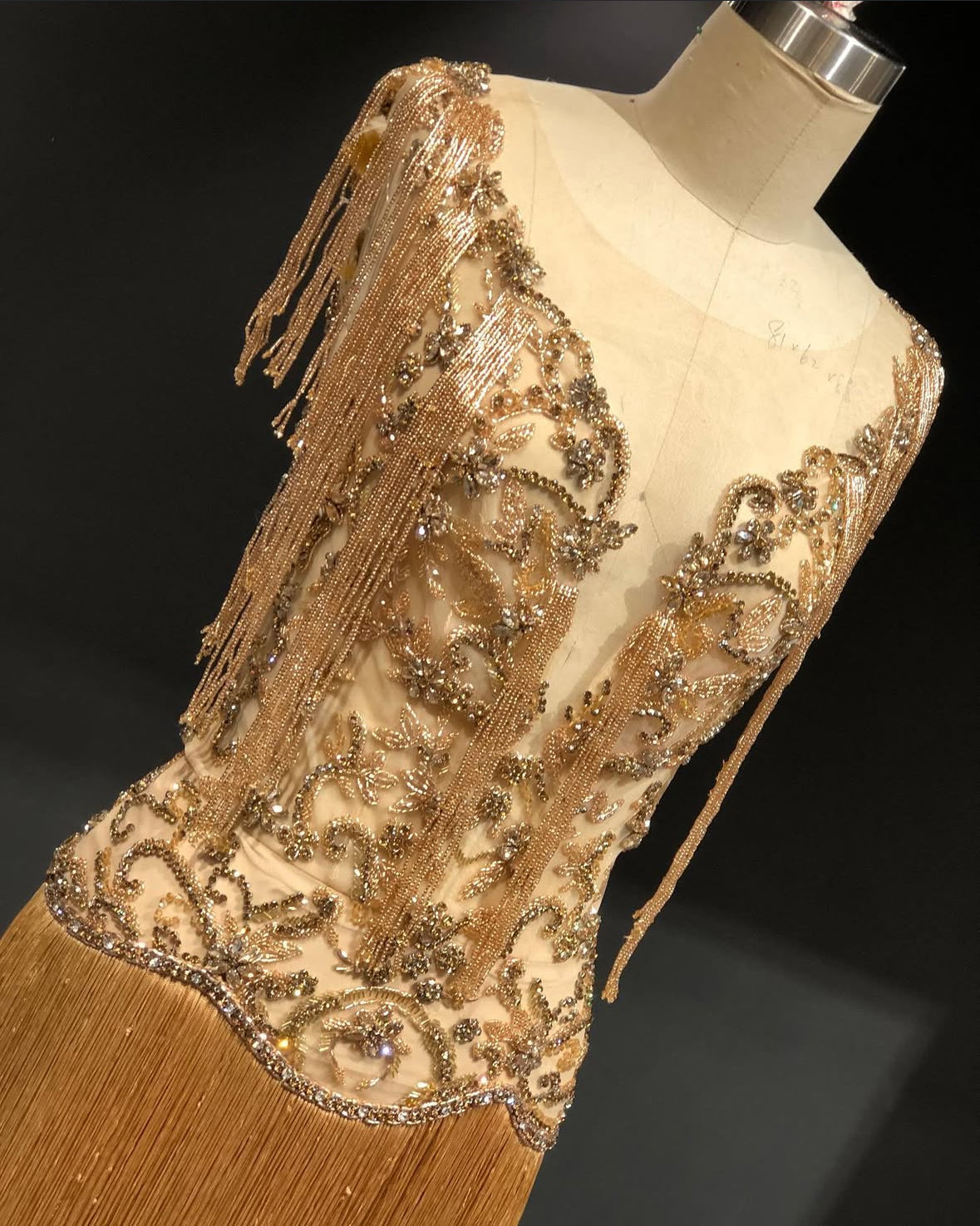 Hand-Embroidered Champagne Gold Fringe Couture Gown